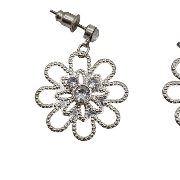 Women's Silver-Tone Dangle Drop Riveted Metal Rhinestone Center Floral Earrings - Picture 7 of 9
